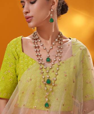 Gold plated green stone kundan necklace set 3
