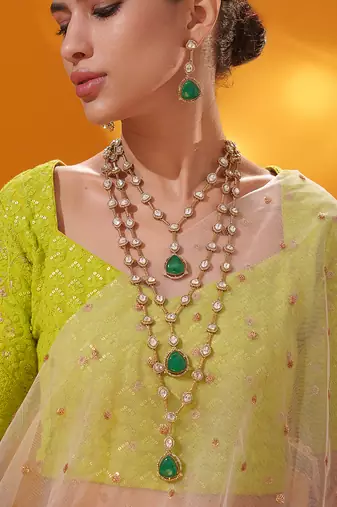Gold plated green stone kundan necklace set