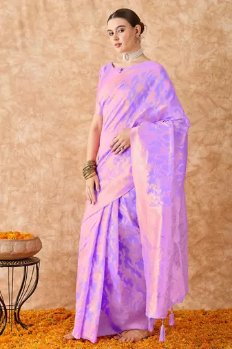 lavender banarasi art silk saree for women with fine weaving 