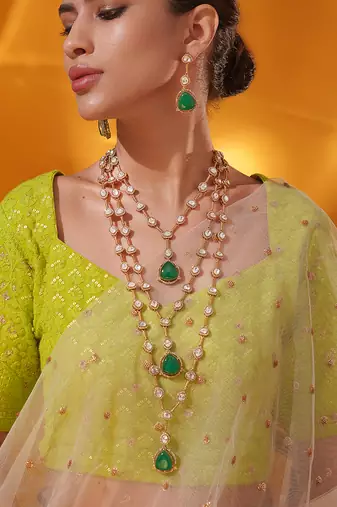 Gold plated green stone kundan necklace set