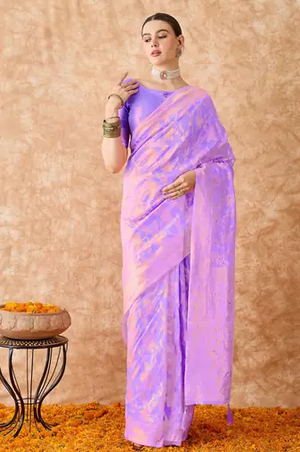 lavender banarasi art silk saree for women with fine weaving 