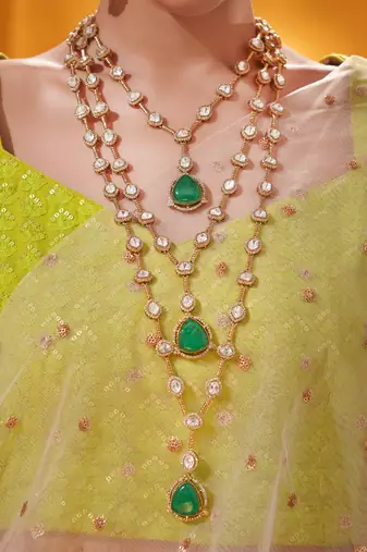 Gold plated green stone kundan necklace set