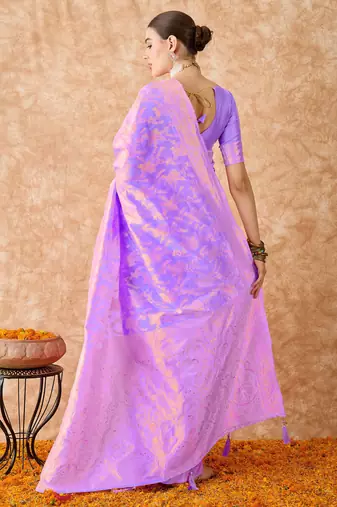 lavender banarasi art silk saree for women with fine weaving 