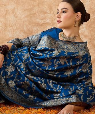 petrol blue banarasi art silk saree with unique weaving craft  1