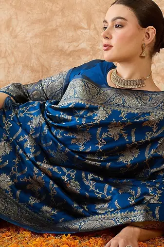petrol blue banarasi art silk saree with unique weaving craft 