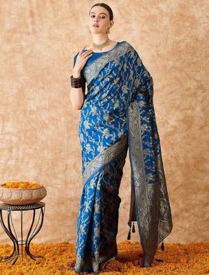 petrol blue banarasi art silk saree with unique weaving craft  2