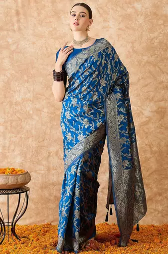 petrol blue banarasi art silk saree with unique weaving craft 