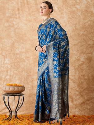 petrol blue banarasi art silk saree with unique weaving craft  3