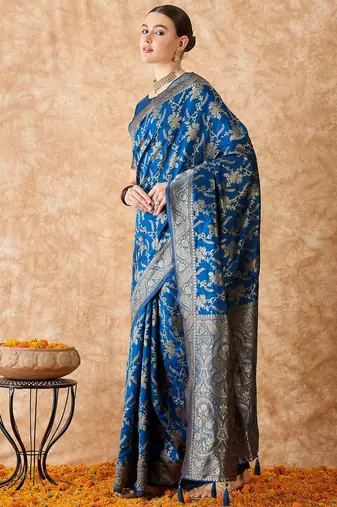 petrol blue banarasi art silk saree with unique weaving craft 