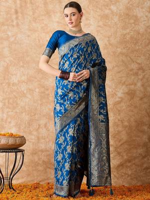 petrol blue banarasi art silk saree with unique weaving craft  4