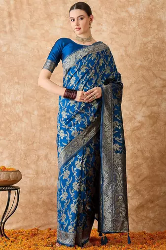 petrol blue banarasi art silk saree with unique weaving craft 