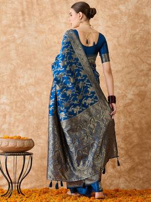petrol blue banarasi art silk saree with unique weaving craft  5