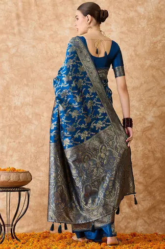 petrol blue banarasi art silk saree with unique weaving craft 