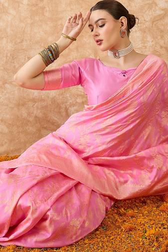 baby pink banarasi art silk saree with delicate weaving details 