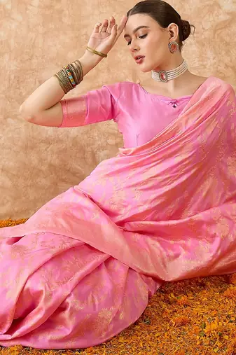 baby pink banarasi art silk saree with delicate weaving details 