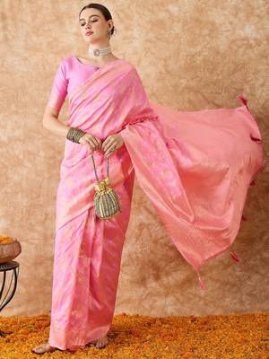baby pink banarasi art silk saree with delicate weaving details  3