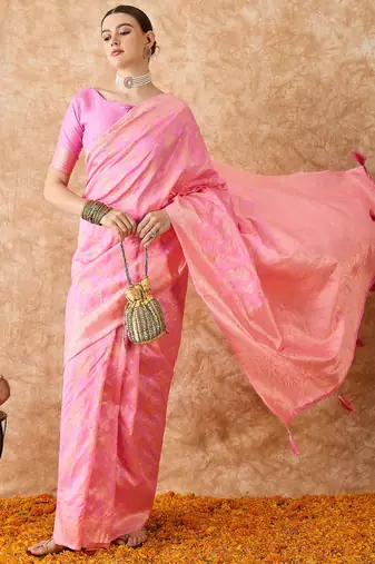 baby pink banarasi art silk saree with delicate weaving details 