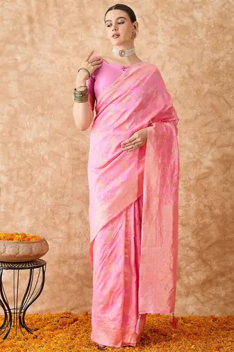baby pink banarasi art silk saree with delicate weaving details 