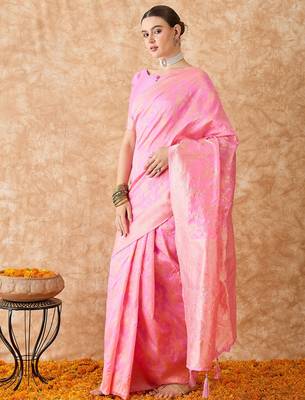 baby pink banarasi art silk saree with delicate weaving details  5