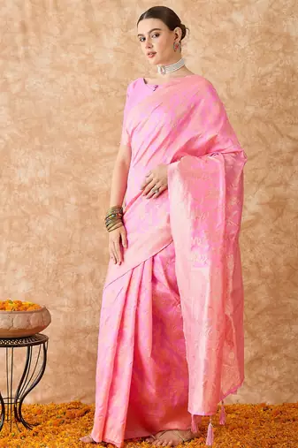 baby pink banarasi art silk saree with delicate weaving details 