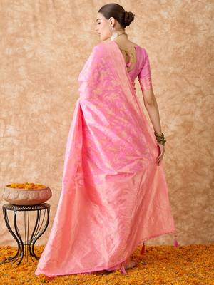 baby pink banarasi art silk saree with delicate weaving details  6