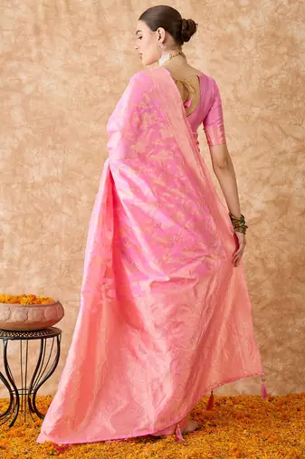 baby pink banarasi art silk saree with delicate weaving details 