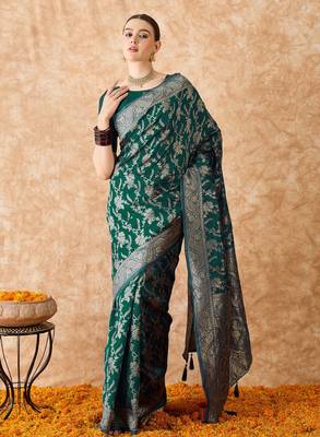 women's green banarasi art silk saree with artistic weaving  1