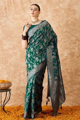 women's green banarasi art silk saree with artistic weaving 
