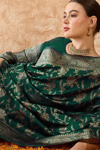 women's green banarasi art silk saree with artistic weaving 