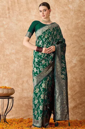 women's green banarasi art silk saree with artistic weaving 