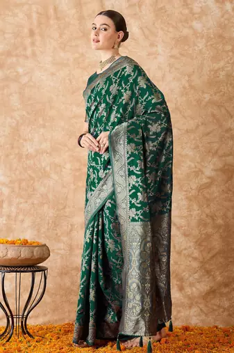 women's green banarasi art silk saree with artistic weaving 