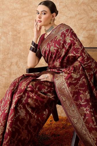 maroon banarasi art silk saree for women with premium weaving 