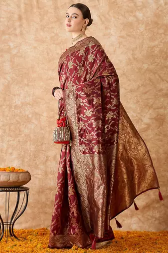 maroon banarasi art silk saree for women with premium weaving 
