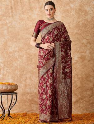 maroon banarasi art silk saree for women with premium weaving  3