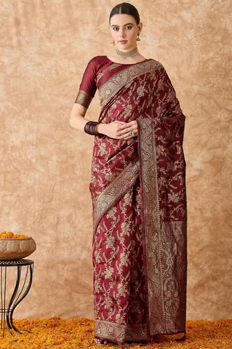 maroon banarasi art silk saree for women with premium weaving 