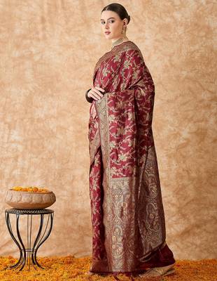 maroon banarasi art silk saree for women with premium weaving  4