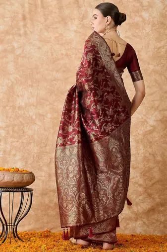maroon banarasi art silk saree for women with premium weaving 
