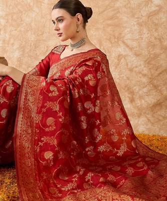 women's red banarasi art silk saree with exceptional weaving work  1
