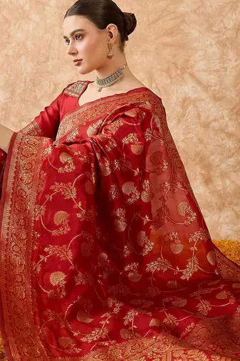 women's red banarasi art silk saree with exceptional weaving work 
