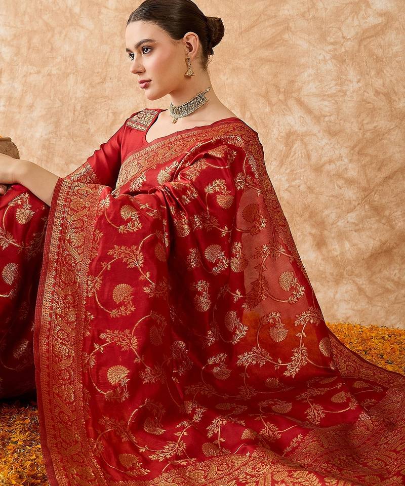 women's red banarasi art silk saree with exceptional weaving work 