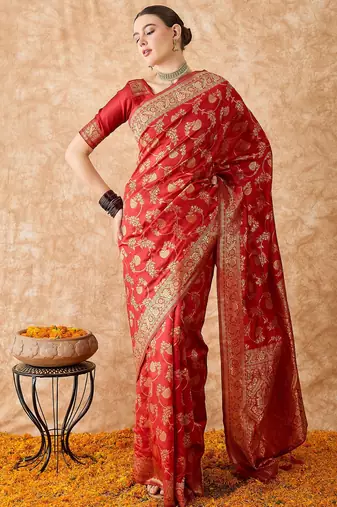 women's red banarasi art silk saree with exceptional weaving work 