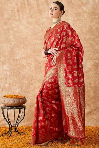 women's red banarasi art silk saree with exceptional weaving work 