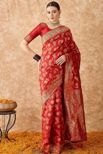 women's red banarasi art silk saree with exceptional weaving work 