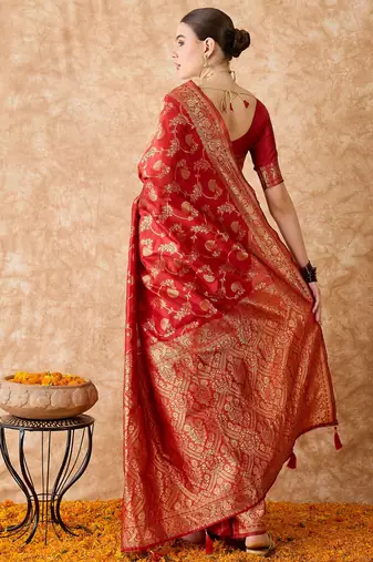 women's red banarasi art silk saree with exceptional weaving work 