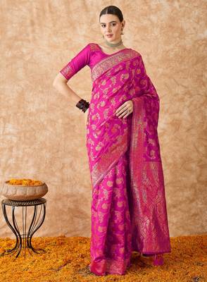 pink banarasi art silk saree with rich weaving patterns  1