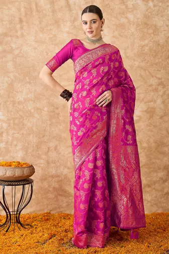 pink banarasi art silk saree with rich weaving patterns 