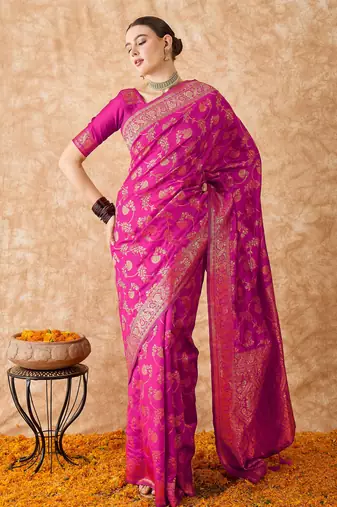 pink banarasi art silk saree with rich weaving patterns 