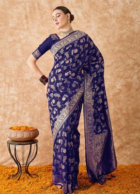navy blue banarasi art silk saree with royal weaving design  1
