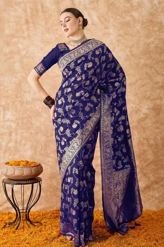 navy blue banarasi art silk saree with royal weaving design 
