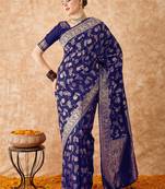 navy blue banarasi art silk saree with royal weaving design 
